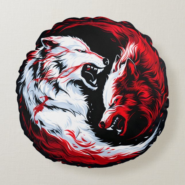 Red White Cosmic Wolf Warrior Round Cushion (Front)