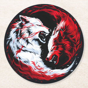 Red White Cosmic Wolf Warrior Round Paper Coaster