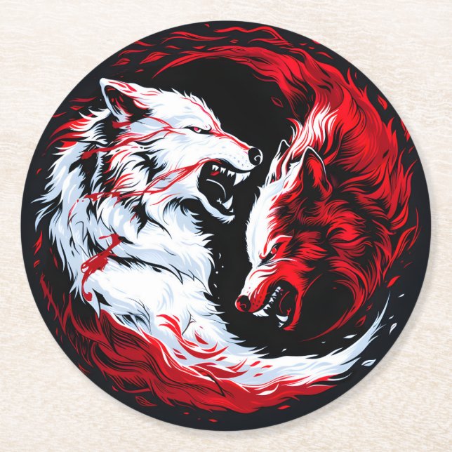 Red White Cosmic Wolf Warrior Round Paper Coaster (Front)