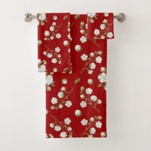 Red & White Cotton Boll Stem Watercolour Pattern Bath Towel Set