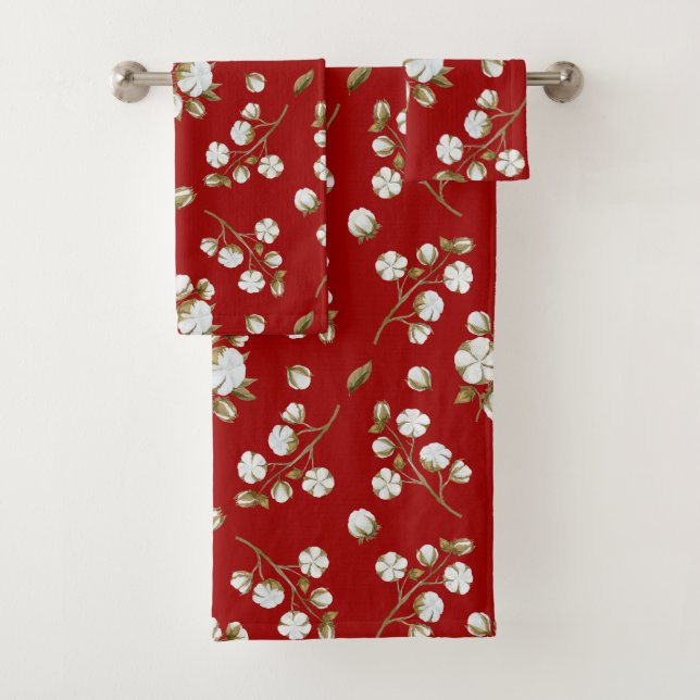 Red & White Cotton Boll Stem Watercolour Pattern Bath Towel Set (Insitu)