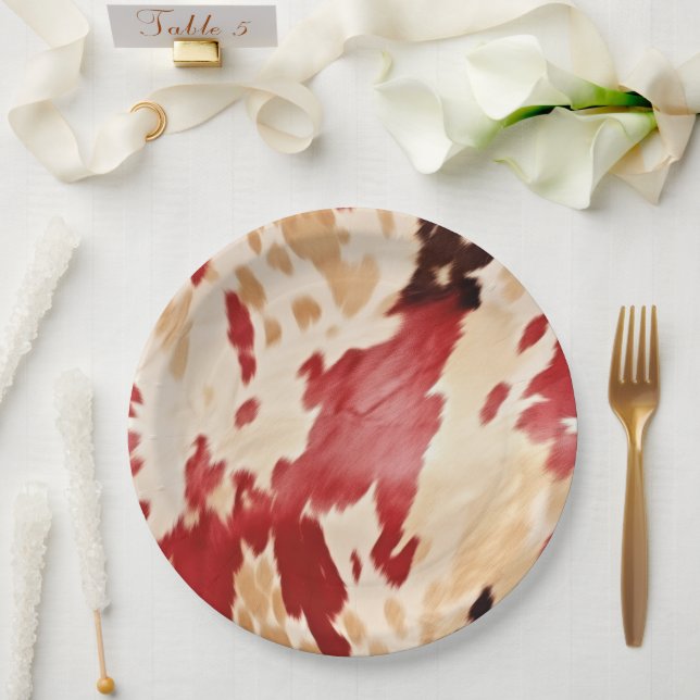 Red White Cream Western Cowhide Cowgirl Paper Plate (Wedding)