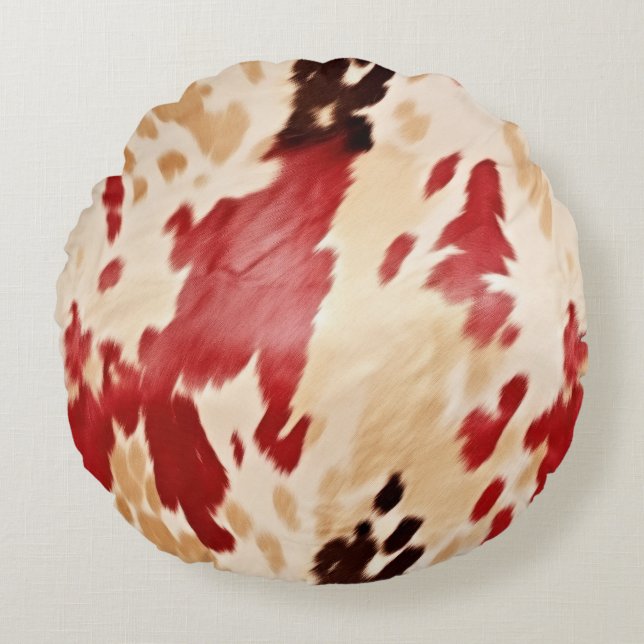 Red White Cream Western Cowhide Cowgirl Round Cushion (Front)