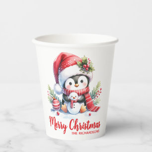 Red White Custom Cute Penguin Merry Christmas Paper Cups
