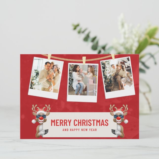 Red, White Custom Merry Christmas Photo Collage Invitation (Standing Front)