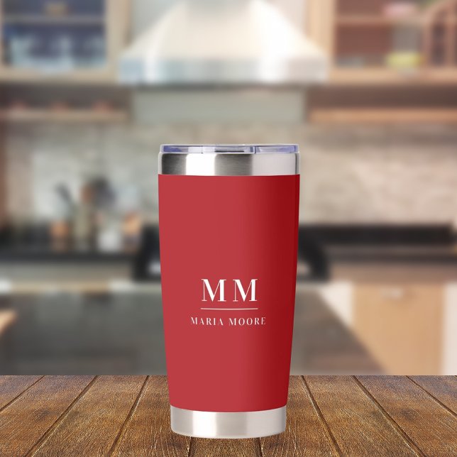 Red white custom monogram initials name insulated tumbler (Creator Uploaded)