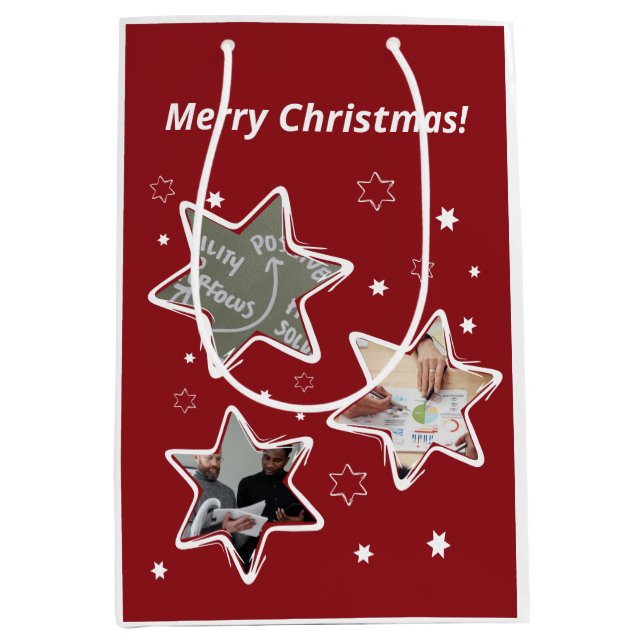 Red & White Custom Photo Stars Christmas Medium Gift Bag (Front)
