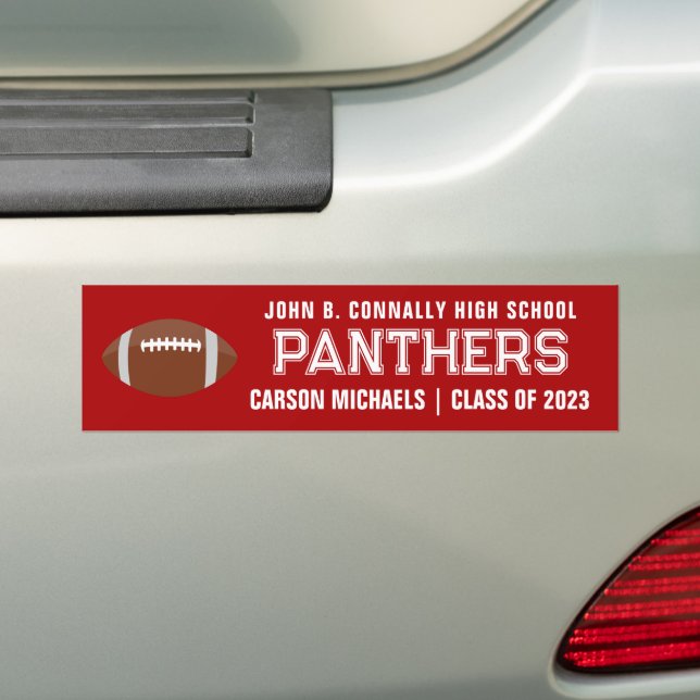 Red White Custom School Football Team Player Bumper Sticker (On Car)
