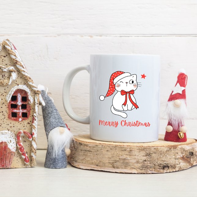 Red & White Cute Cat Custom Name Merry Christmas  Coffee Mug (Creator Uploaded)