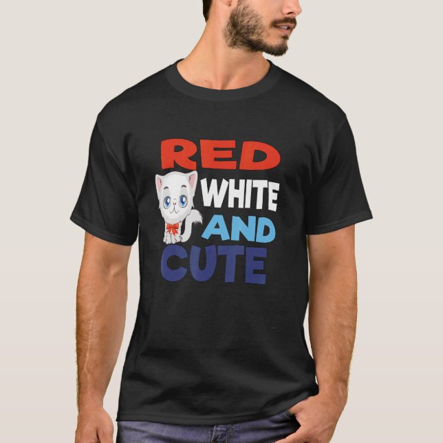 Red White & Cute  Cat Design T-Shirt (Front)