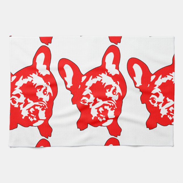 Red White cute French Bulldog Tea Towel (Horizontal)