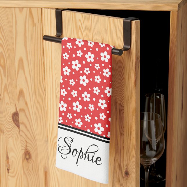 Red & White Daisies Personalised  Tea Towel (Thirds Fold)