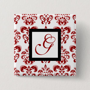 RED WHITE DAMASK BLACK SQUARE MONOGRAM 15 CM SQUARE BADGE