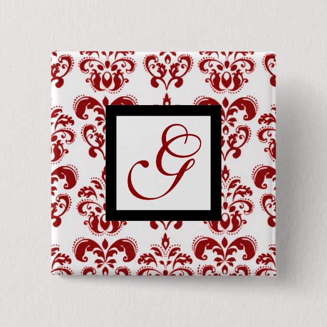 RED WHITE DAMASK BLACK SQUARE MONOGRAM 15 CM SQUARE BADGE (Front)