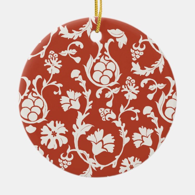 Red & White Damask Floral Ceramic Tree Decoration (Front)
