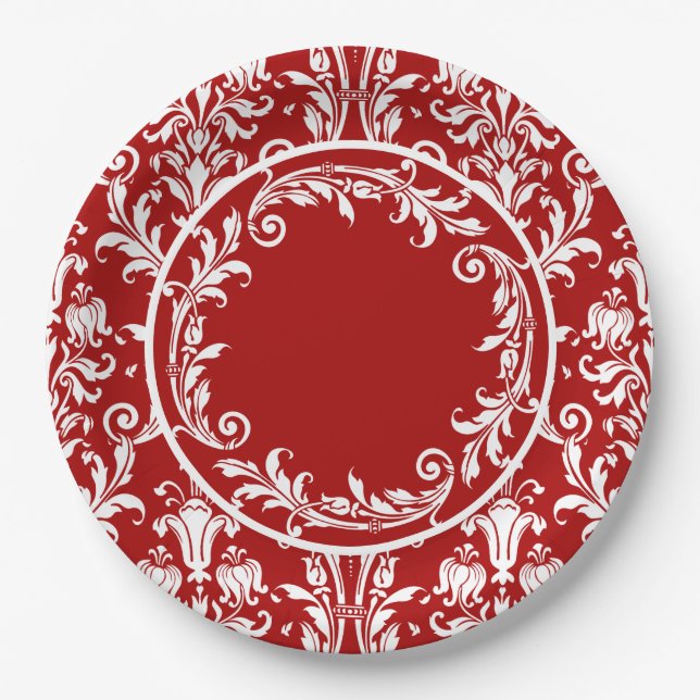 Red White Damask Floral Swirls Personalize Paper Plate (Front)