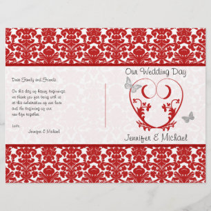 Red, White Damask Heart Butterfly Wedding Program