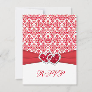 Red & White Damask & Hearts RSVP Card