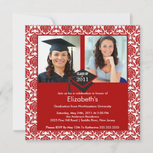 Red & White Damask Photo Graduation Invitation