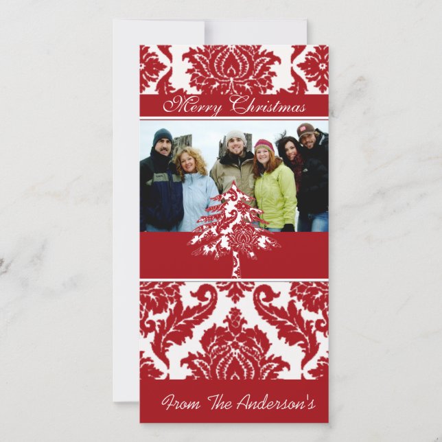Red & White Damask Pine Holiday Family Pictures (Front)