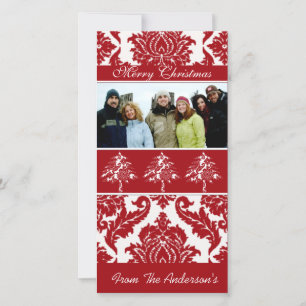 Red & White Damask Pine Holiday Family Pictures Card