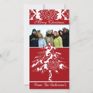 Red & White Damask Pine Holiday Family Pictures Card