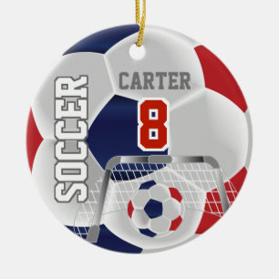 Red, White & Dark Blue Personalise Soccer  ⚽ Bal Ceramic Tree Decoration