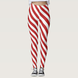 Red White Diagonal Candy Cane Stripes Holiday Leggings