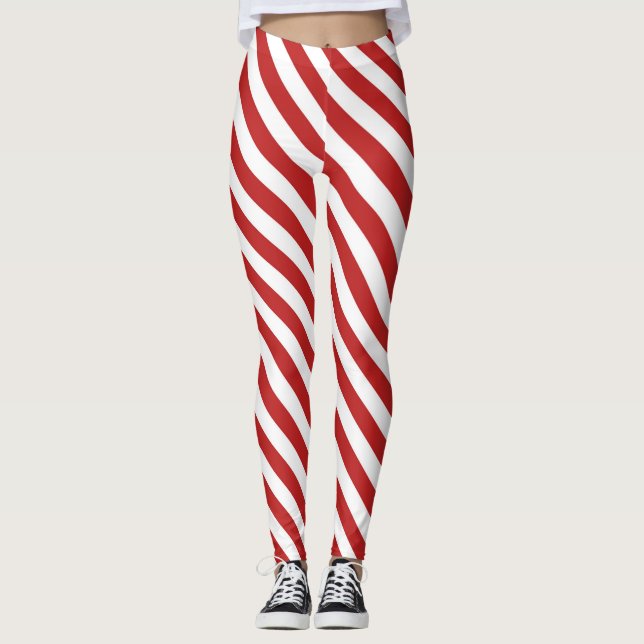 Red White Diagonal Candy Cane Stripes Holiday Leggings (Front)