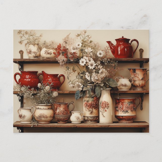 Red White Dishes Coffee Pot Creamer Sugar Daisies  Postcard (Front)