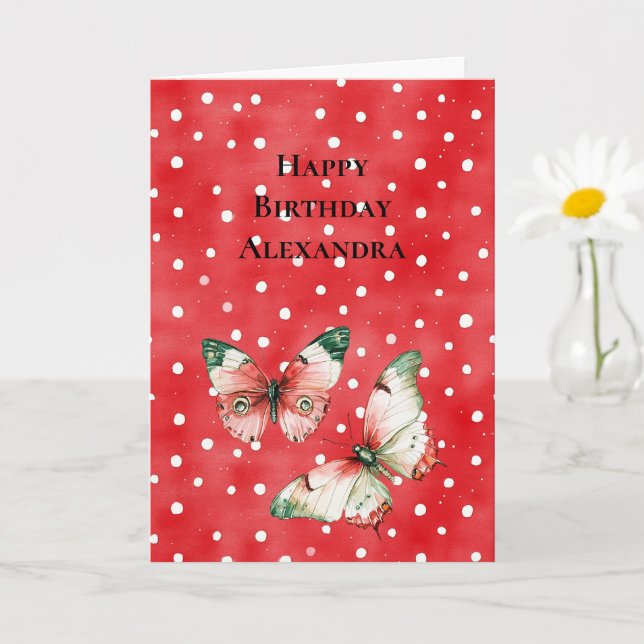 Red White Dots Red Green Butterflies Birthday Card (Small Plant)