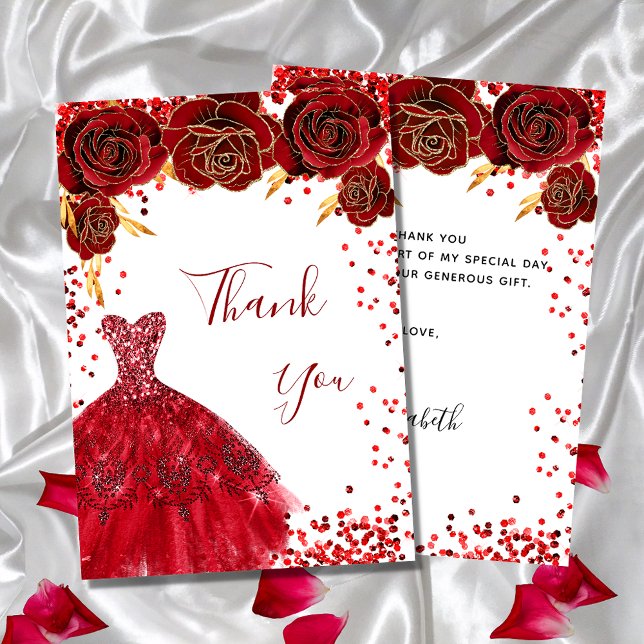 Red white dress floral birthday thank you card (Creator Uploaded)