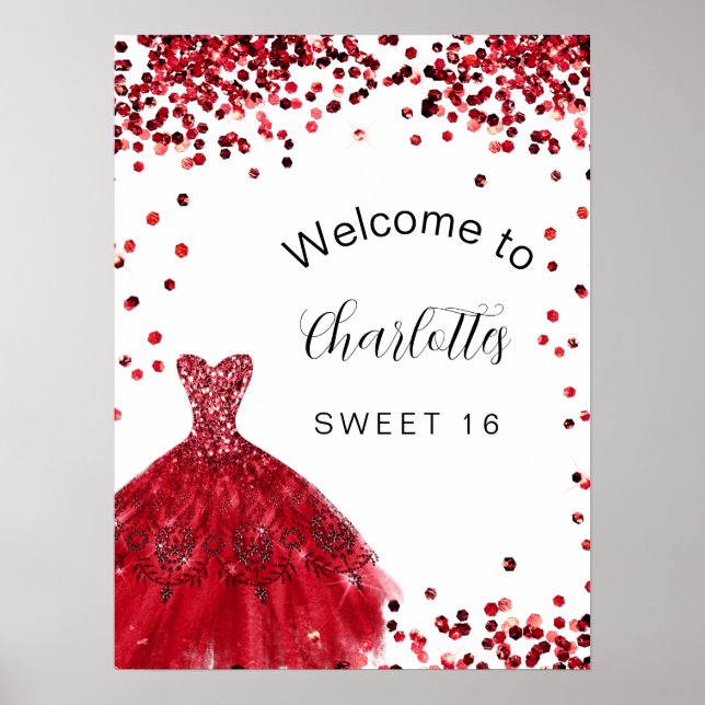 Red white dress Sweet 16 Party welcome  Poster (Front)