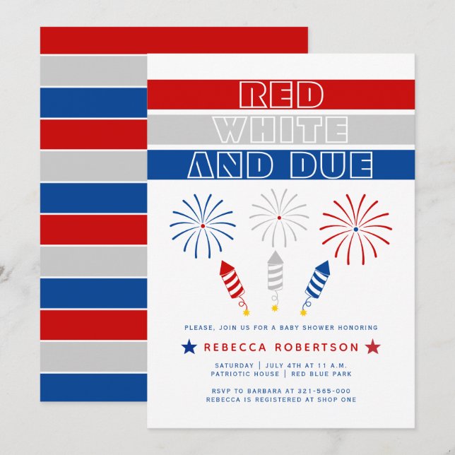 Red White Due 4th of July firecrackers baby shower Invitation (Front/Back)