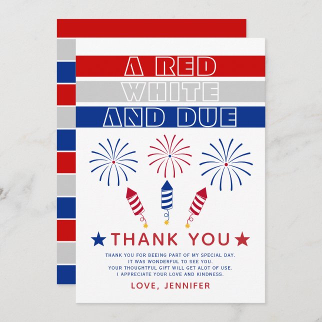 Red White Due 4th of July firecrackers baby shower Thank You Card (Front/Back)