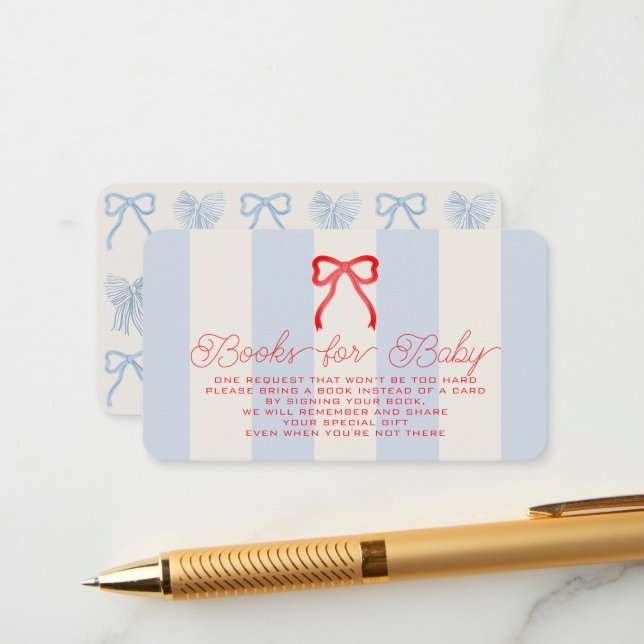 Red White & Due Bow Blue Stripes Baby Book Request Enclosure Card (Front/Back In Situ)
