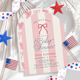 Red White & Due Bow Stripes Girl Baby Shower Invitation