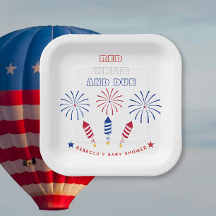 Red White Due Fourth July firecrackers baby shower Paper Plate