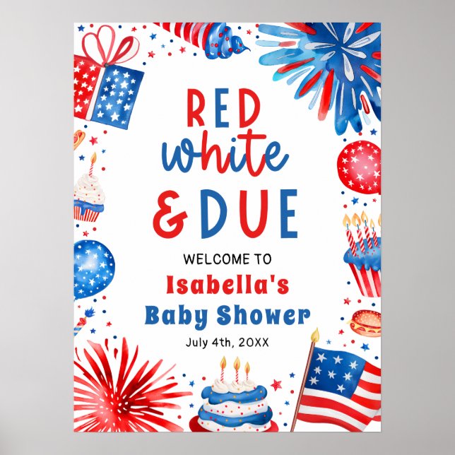 Red White & Due Gender Neutral Baby Shower Welcome Poster (Front)