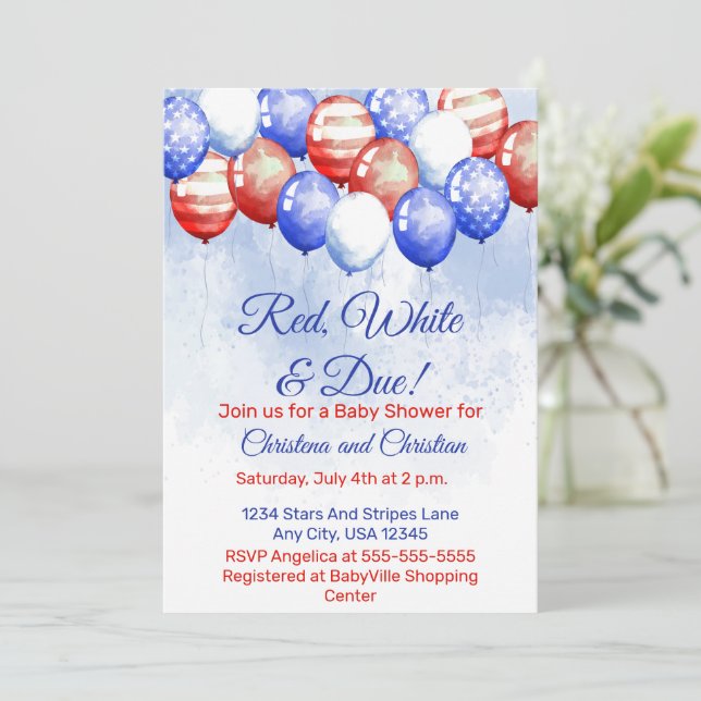 Red White & Due Independence Day Baby Shower Invitation (Standing Front)