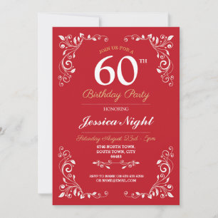 Red White Elegant Birthday Womens Classy 60th Invitation