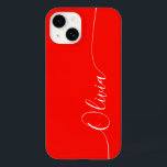 Red White Elegant Calligraphy Script Name Case-Mate iPhone 14 Case<br><div class="desc">Red White Elegant Calligraphy Script Custom Personalised Name iPhone 14 Smart Phone Cases features a modern and trendy simple and stylish design with your personalised name in elegant hand written calligraphy script typography on a red background. Designed by ©Evco Studio www.zazzle.com/store/evcostudio</div>