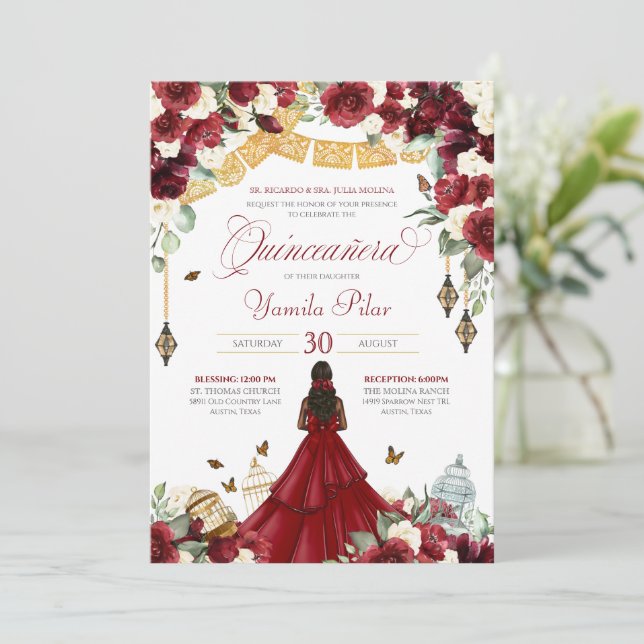 Red White Elegant Floral Butterfly Quinceanera V5 Invitation (Standing Front)