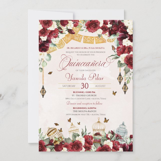 Red White Elegant Floral Butterfly Quinceanera V6  Invitation (Front)