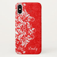 Red & White Elegant Girly Floral Lace Monogram