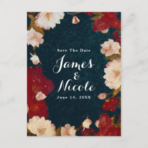 Red & White Elegant Modern Floral Save the Date Announcement Postcard