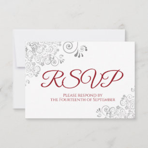 Red & White Elegant Silver Lace Wedding RSVP Card