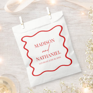Red White Elegant Wavy Border Wedding Favour Bags