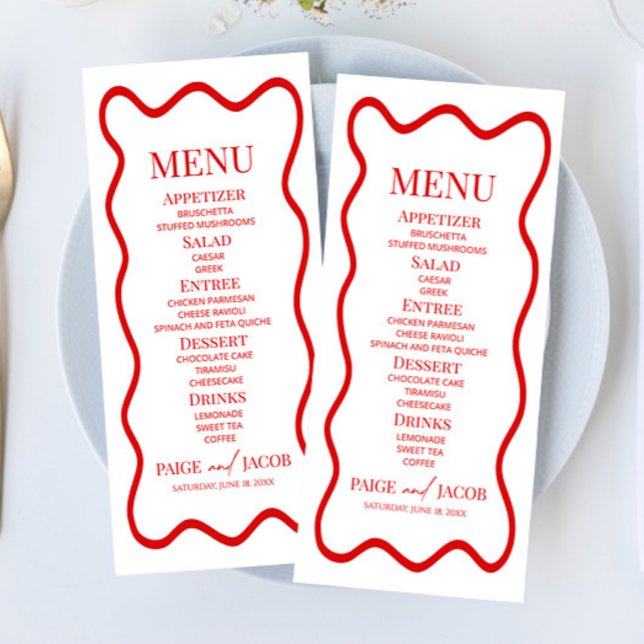 Red White Elegant Wavy Border Wedding Food Menu (Creator Uploaded)
