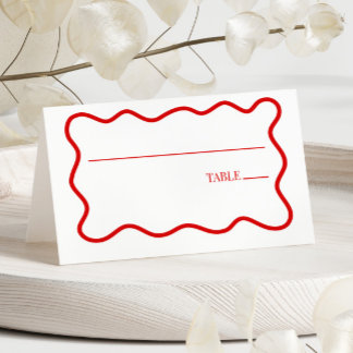 Red White Elegant Wavy Border Wedding Place Card